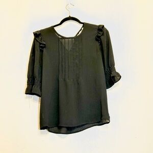 LOFT black Puff Sleeve Blouse with Pleated Ruffles